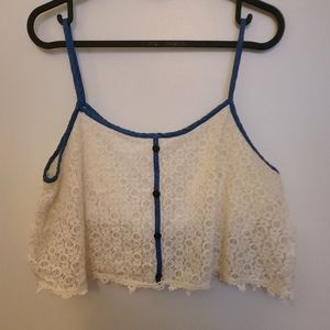 Crochet looking crop Top with denim trim.